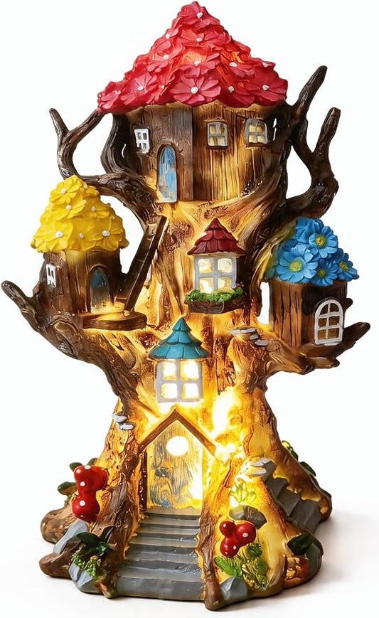 Solar Fairy House 11.8” Tall Fairy Garden House for Outside, Large Fairy Garden Treehouse Accessories Outdoor, Gnome House Garden Statue Fairy Tree House, for Home, Yard, Balcony Decor