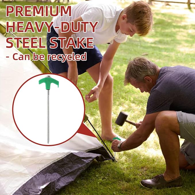 50 Pack 8 Inch Screw in Tent Stakes Heavy Duty Tent Stakes Screw in Ground Camping Stake with Hex Head Driver Metal Pegs Spikes for Camping Garden Yard (Green)