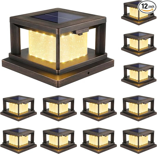 Mlambert 12 Pack Solar Post Lights Outdoor, 2 Modes LED Fence Cap Light for 4x4 Post, Waterproof Deck Light Patio Garden Decor, Warm/Cool White, Brown