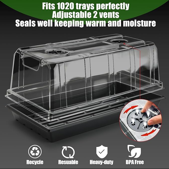 RooTrimmer 10 Pack 6.3" Tall Humidity Domes for 1020 Trays, Extra Strength Seed Starter Covers with 2 Adjustable Vents, Clear Plastic Propagation Cloning Lids for Germination & Microgreens, BPA-Free