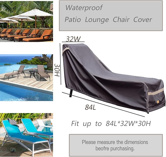 Patio Chaise Lounge Cover Waterproof, Heavy Duty Outdoor Lounge Chair Covers, Dark Grey Durable Patio Furniture Covers, 2Pack, 84"L*32"W*30"H