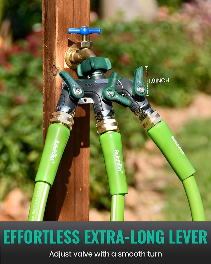 RAINPOINT 3 Way Hose Splitter, 100% Metal Heavy Duty Garden Hose Splitter With 1.9" Extra Long Handle & Individual Shut Off, 3/4 Inch GHT Thread Water Hose Connector For Spigot Faucet (Dark Green)