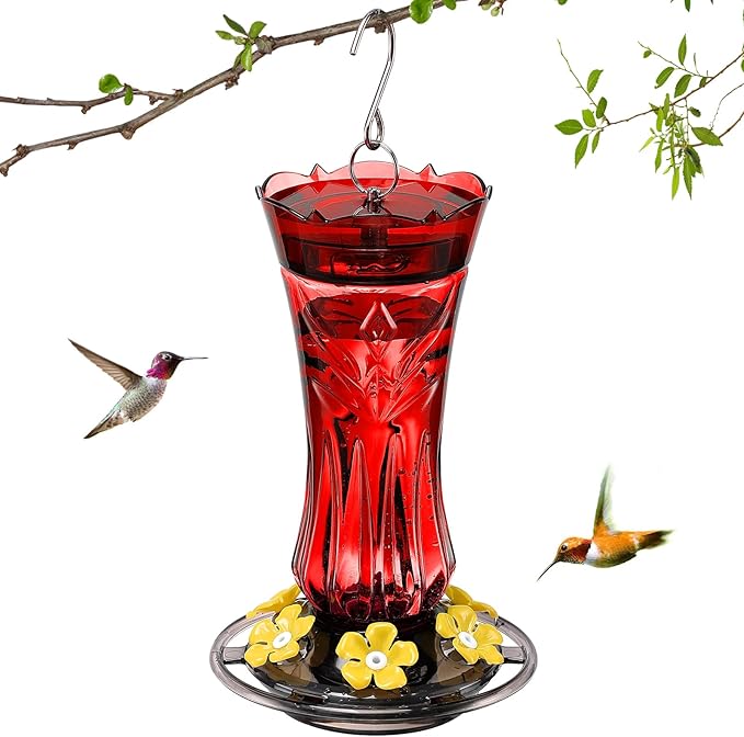 Jealoeur Hummingbird Feeders for Outdoors, Durable Hanging Humming Birds Feeders with 6 Bee Guard Feeding Ports & Built-in Ant Moat, Easy to Clean, Ideal for Garden Decor, 18 OZ, (1, Red)