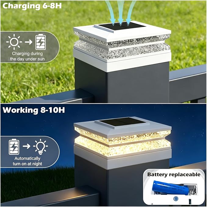 Solar Post Cap Lights, 6 Pack Deck Fence Cap Light for 4x4 5x5 Wood/Vinyl Posts, 3 Color Modes, LED Deck Post Lights Solar Powered Waterproof, for Patio Porch Garden Decoration, White