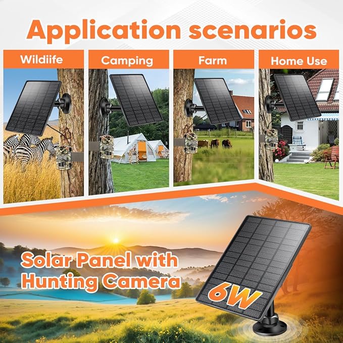 Solar Panel 6W for Trail Camera,Solar Kit Build-in 6000mAh Rechargeable Battery, Hunting Accessories for IP66 Waterproof, Solar Power for Trail Camera