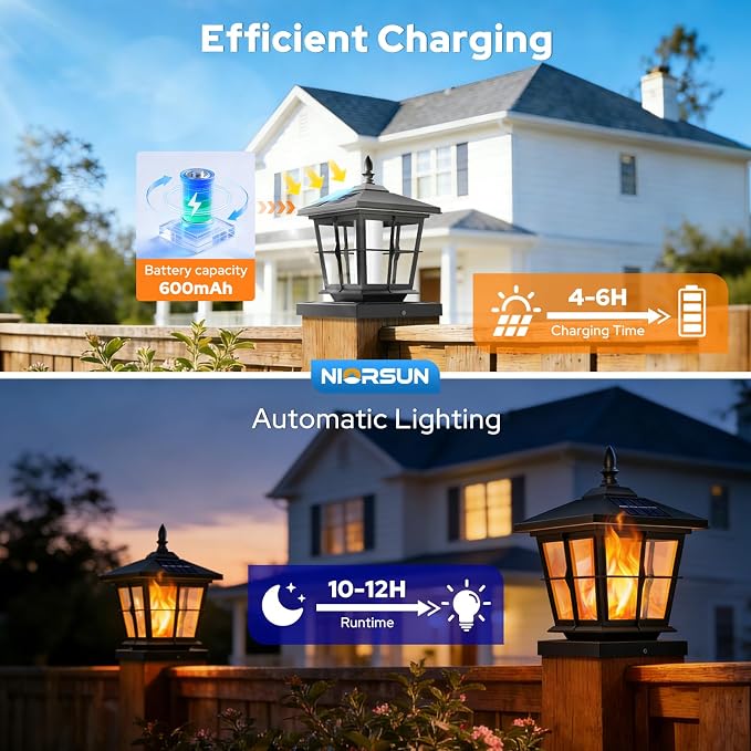 NIORSUN Solar Post Lights Outdoor, Fence Post Solar Lights with Flickering Flame Light, Waterproof, Garden Patio Fence Deck Decor, 4x4 Posts Caps, 4x4, 5x5 Wooden & Vinyl (2 Pack, Black)