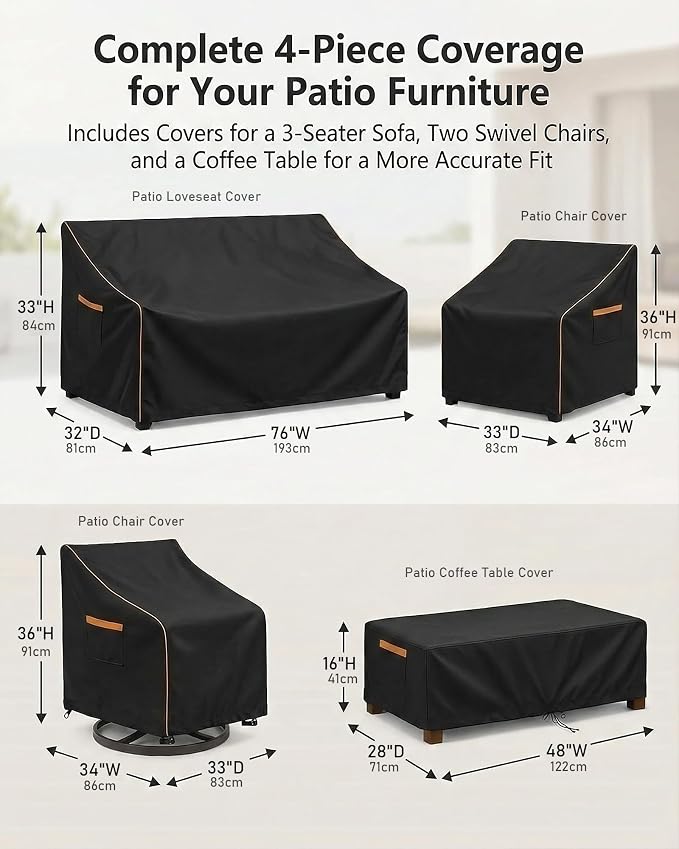 Outdoor Furniture Cover Waterproof, 4-Piece Patio Furniture Cover Set, 600D Heavy Duty Protection Patio 3-Seater Sofa Swivel Rocker Chairs and Coffee Table Garden Protective Furniture Set, Black
