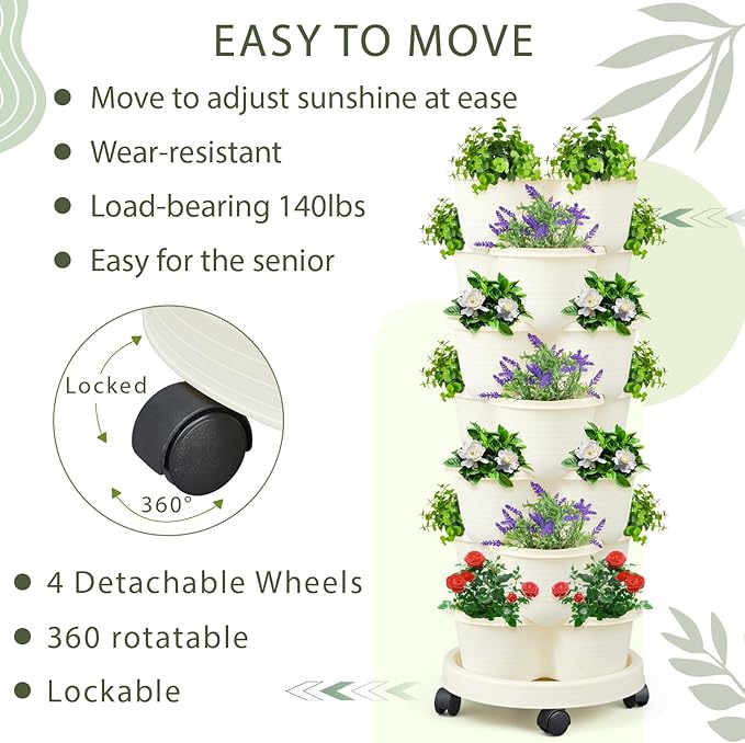 Umigy 1 Set Ivory 7 Tier Stackable Vertical Planters with Removable Wheels and Tools Tower Planters Strawberry Herb Flower Vegetable Pots Indoor Outdoor Gardening Pots