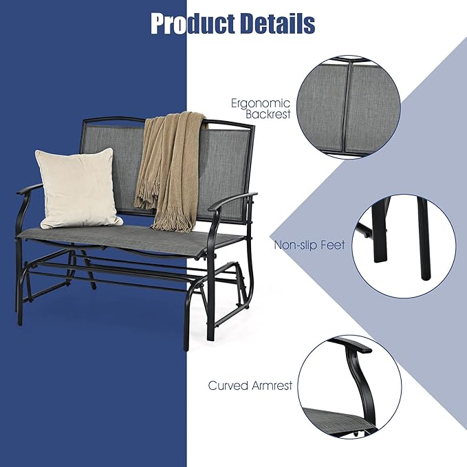 Giantex Patio Glider Benches for Outside, Swing Glider Chair with Steel Frame, 400 LBS Capacity, Patio Swing Rocker, 2-Person Loveseat for Backyard, Poolside, Lawn, Balcony, Porch Glider Bench(Gray)
