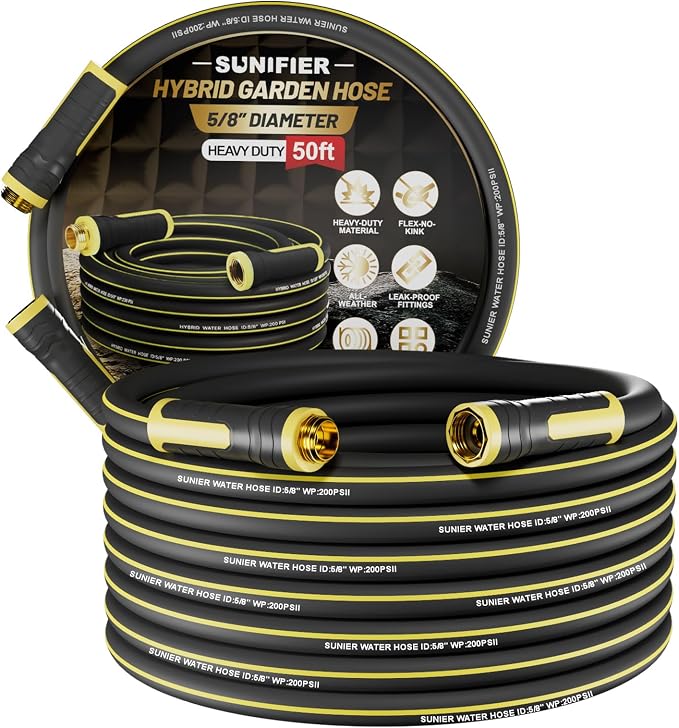Hybrid Rubber Garden Hose 5/8 Inch, 50 ft Heavy Duty Kink-Free Water Hose, 3-Layer Reinforced, 600 PSI Burst Pressure, Water Safe, All-Weather Flexible Hoses for Yard, Lawn (Black,50 ft)
