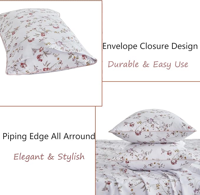 FADFAY Sheets Set Full Rustic Pink Floral Botanical Bedding Set Luxury 100% Egyptian Cotton Bed Sheet Set Soft Breathable for All Season Bedoom Decor with 17.7 Deep Pocket Fitted Sheet, Full Size
