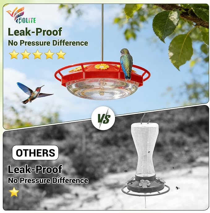 BOLITE Hummingbird Feeders for Outdoors Hanging, 2 Pack 11 OZ 8 Bee Proof Feeding Ports Flat Bird Feeder, Easy to Clean & Fill, Built-in Ant Moat, Leak Proof with Clean Brush, Red, Gift for Mom Dad