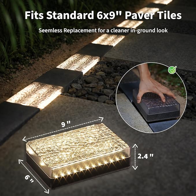 SHONELIGHTING Paver Lights, Solar Light Outdoor Waterproof, In-Ground Brick LED for Driveway & Pathway, Hardscape Pavers, Auto On/Off, Heavy Duty Warm White 3500K (6 Pack)