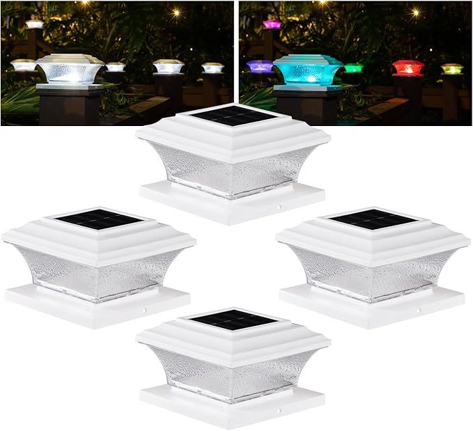 HUYIENO Solar Post Cap Lights Outdoor LED Lighting Deck Fence Cap Light 9 Light Modes Bright White/7 Color Fixed Modes/7 Color Cycling Mode Suitable for 4x4 5x5 Wooden Posts 4x4 5x5 Vinyl Posts