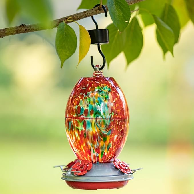 Muse Garden Glass Humming Bird Feeders for Outdoors - 27OZ Blown Glass Hummingbird Feeder - Unique Gift Mom Women Grandparents, Outdoors Hanging Garden Decor, Includes Ant Moat & Brush, Red Swirl