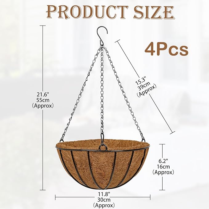 12 Inch Metal Hanging Basket with Coco Coir Liner for Flowers Planting, 4 Pack Hanging Baskets for Plants Outdoor, Round Wire Planters with Chain for Home Patio Porch Balcony Garden Decor