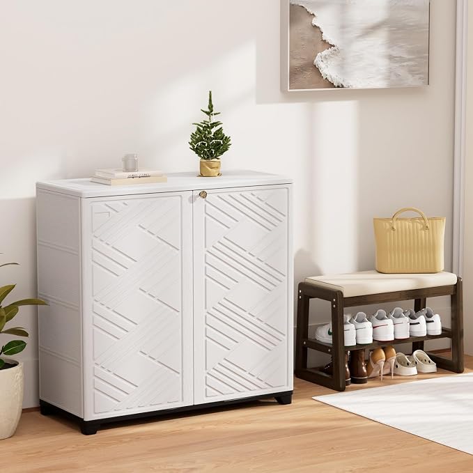 KINYING Outdoor Storage Cabinet Waterproof with 2 Shelves, 60 Gallon Resin Storage Shed for Patio/Garden/Backyard, Outdoor Storage Box for Cushions,Garden Tools and Pool Supplies,White