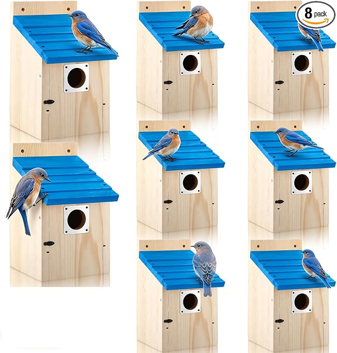 Dreyoo 8 Pack Bluebird Houses for Outside with Metal Predator Guard, 1-1/2" Entrance Hole Wooden Blue Bird Houses for Outdoors, Bluebird Nesting Box with Screwdriver(Blue Roof, Wood Body)
