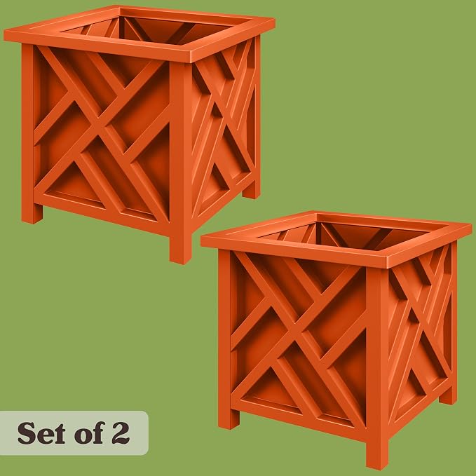 Lattice Design Outdoor Planter Box 2-Pack - 15.5” Square 16.5” Tall Terracotta Decorative Plant Pots for Front Porch Decor - Flower Pots Outdoor Planters for Porch Patio or Garden Decor by Pure Garden