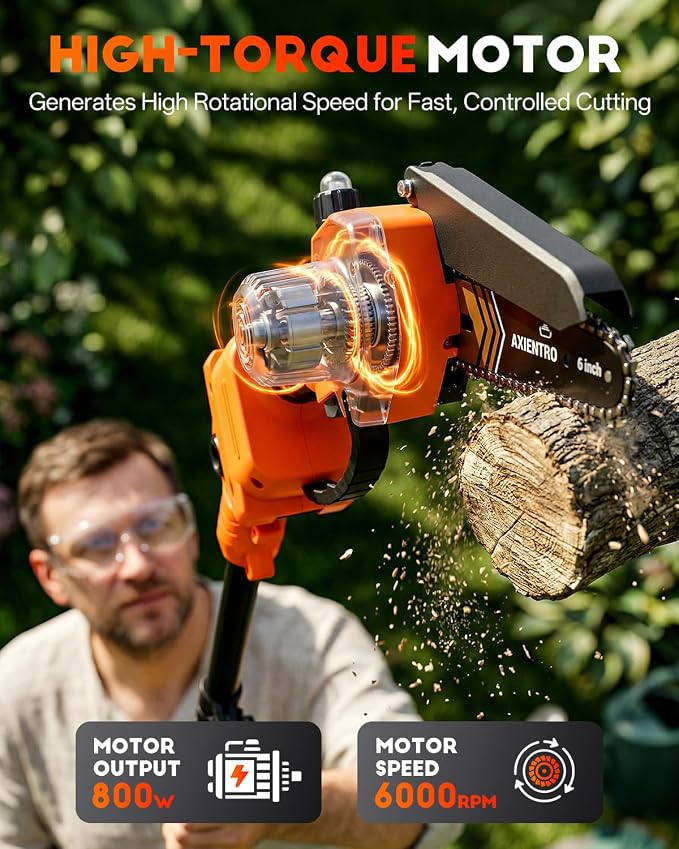 Electric Pole Saws for Tree Trimming, 2-in-1 Mini Chainsaw & Pole Saw, 6-in Electric Chainsaw Cordless with Extendsion Pole, 2x4000mAh Li Batteries & Charger, 16FT Max Reach