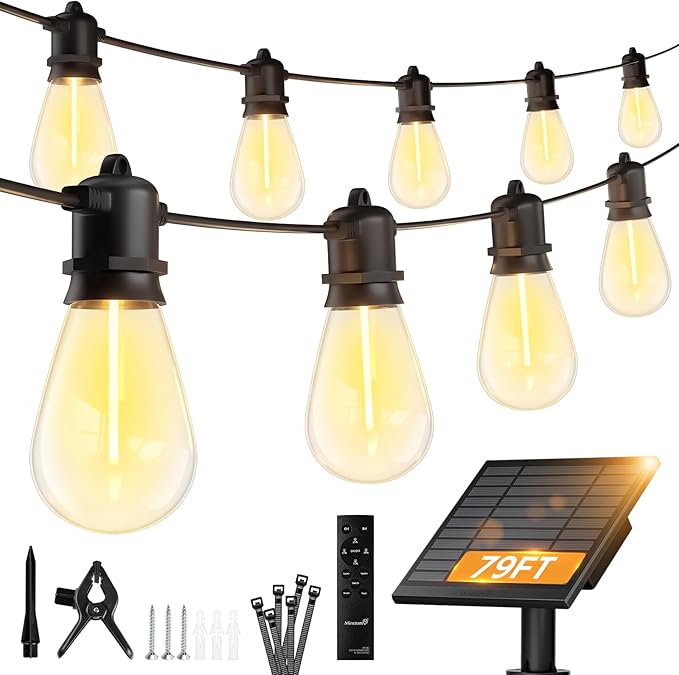 Minetom 79FT Solar String Lights Outdoor Waterproof, 24 LED S14 Shatterproof Bulb, Patio Lights with Remote Type-C Port Timable, 3 Light Modes Dimmable Solar String Lights for Outside, Yard, Camping