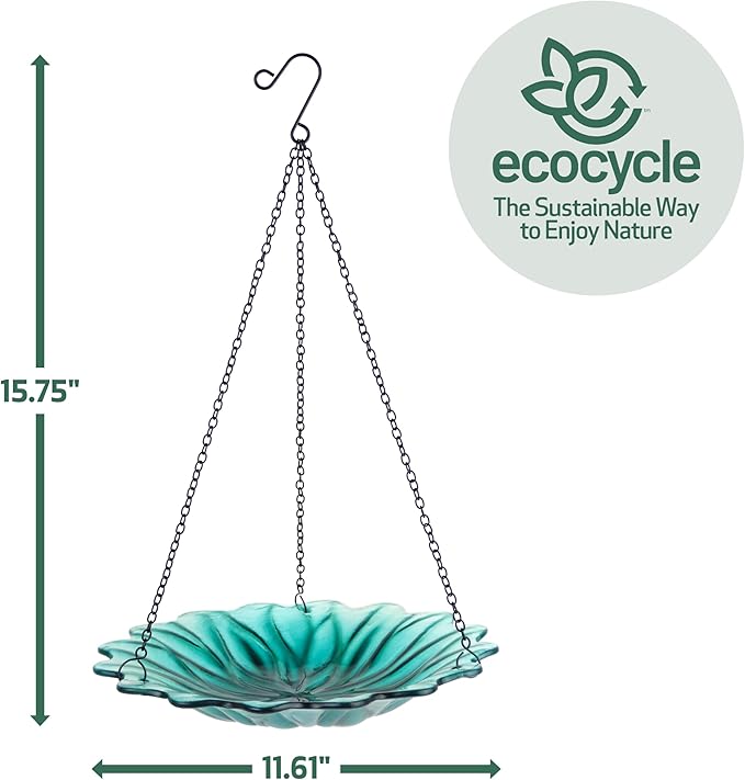 11" Recycled Glass Hanging Combination Bird Feeder and Bath for Wild Birds and Outdoor Décor, 0.625 Quart Capacity, Turquoise Dahlia Floral Design, Hanging Chains Included