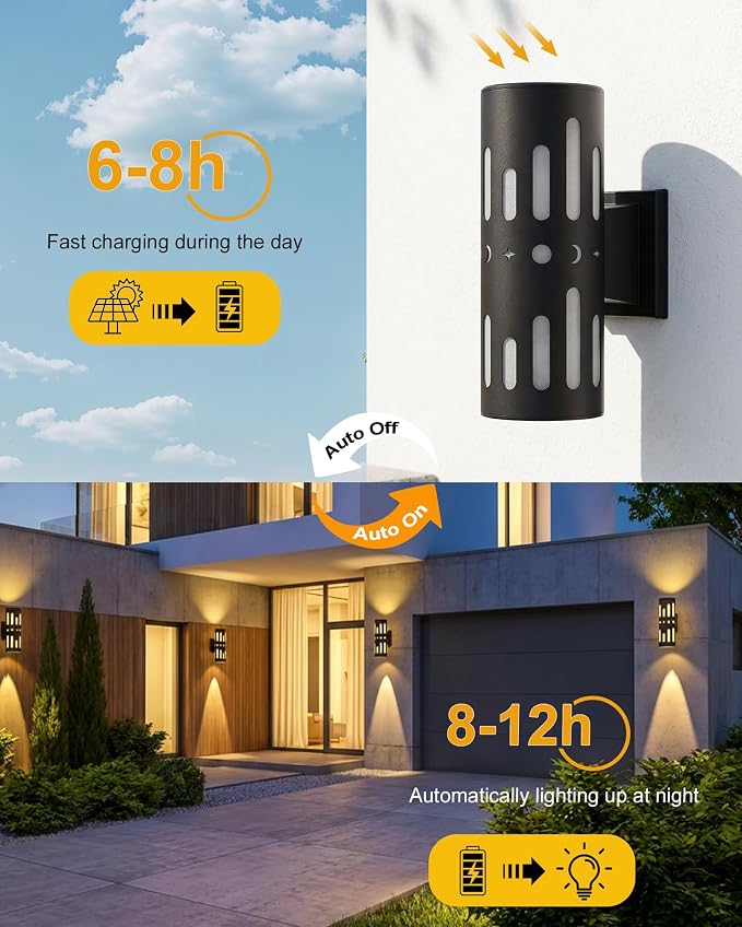 Solar wall Lights Outdoor, 2-Pack Dusk-to-Dawn Solar sconces, IP65 Waterproof up and Down Lights Outdoor for Garage, Fence, Patio, Porch, Yard