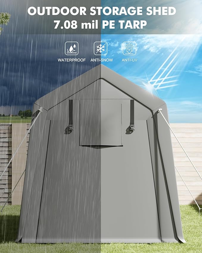 7x12 ft Carport Storage Shed, Portable Garage Tent with Roll-Up Zipper Door, Waterproof Heavy Duty Tarp Canopy, Vented Front & Back, for Motorcycle Bike Firewood Tools Outdoor Storage Shelter
