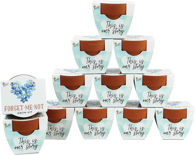 BUZZY Seeds Forget-Me-Not Terracotta Mini Grow Pots Love Collection, 12-Pack All-in-One Gardening Kit for Wedding Favors, Prizes, Birthday Gifts, Party Favors, Bridal Showers, Valentines