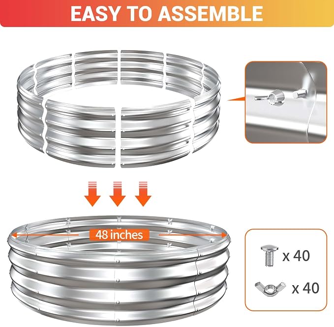 48 Inch Large Fire Pit Ring for Outside, Heavy-Duty Wood Burning Fire Pit Insert for Backyard Bonfires, 12" Tall Galvanized Steel Fire Bowl for Patio, Camping & Outdoor Fireplace
