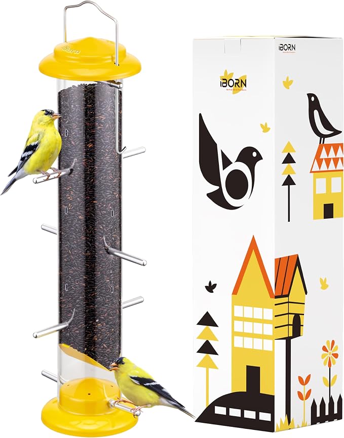 iBorn Thistle Bird Feeder for Outdoor，Metal Tube Bird Feeder 14 Inch with 12 Small Ports,8 Metal Perches,Yellow + Hummingbird Feeder with 14 Bee Guard Ports,13 OZ,Red,2 Pack