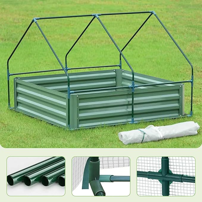 BPS Raised Garden Bed Set, 4x4x1 FT Metal Bottomless Flower Bed with PE Cover for Outdoor Planting, White
