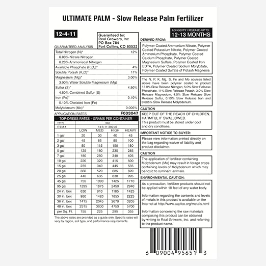 Real Growers Palm Tree Fertilizer 12-4-11 | 12-Month Slow Release Granular Plant Food for Queen Palm, Sago Palm, Date Palm, Cycad | 18 lb