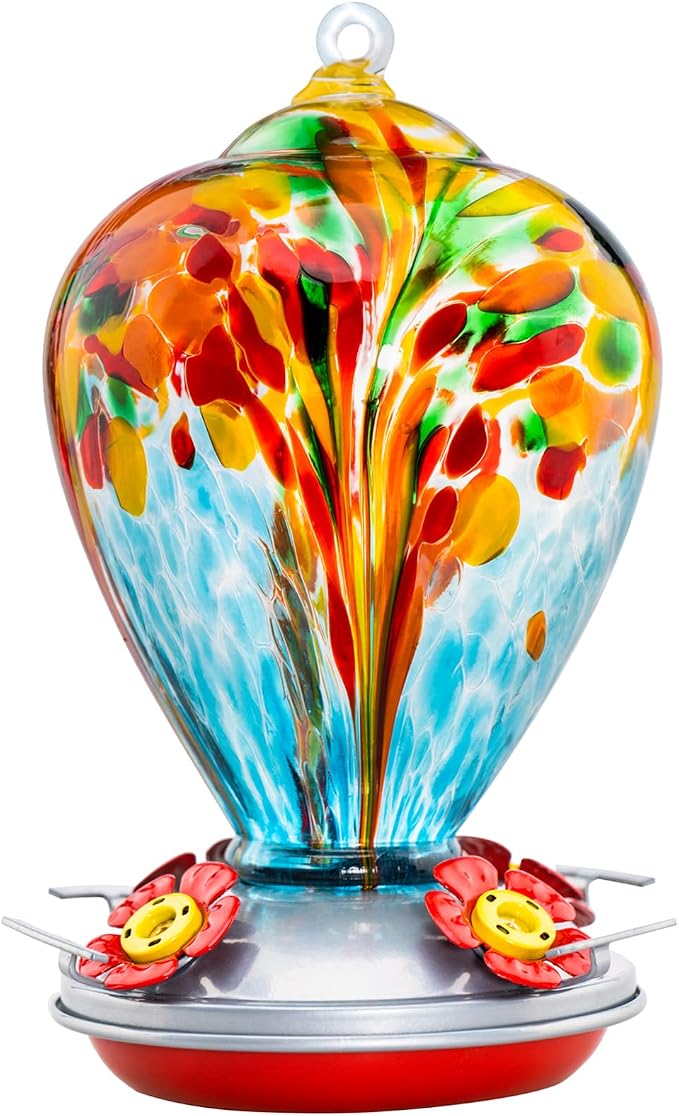 Hummingbird Feeder, 34OZ Hand Blown Glass Hummingbird Feeders for Outdoors Hanging, 4 Feeding Perch with Ant Moat Leakproof, Garden Yard Decor Gifts for Women Mom (Holiday Balloon) | LaElvish Garden Hummingbird Feeder, 34OZ Hand Blown Glass Hummingbird...
