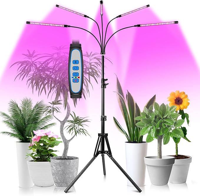 Garpsen Grow Light with Stand, 5 Heads Grow Lights for Indoor Plants, 100 LEDs Full Spectrum Led Plant Light for Seed Starting, with 15-63" Adjustable Tripod&6/12/16H Timer(No Clip)
