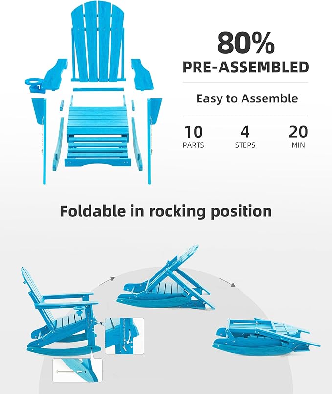 Folding Adirondack Rocking Chair Set of 4,4-in-1 Multifunctional Patio Chairs with Retractable Ottoman, Outdoor Chairs Wood Texture, Lawn Chair for Porch, Backyard, Pool(Pacific Blue)