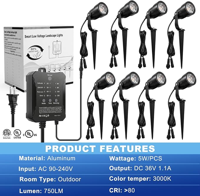 SMY Lighting All-in-One Low Voltage Landscape Lighting Kit, 8 Pack 5W Die-cast Aluminum Landscape Lights with Transformer and Connectors, IP65 Waterproof Outdoor Spot Lights for Pathway Yard Garden