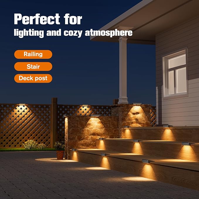 NIORSUN Solar Deck Lights Outdoor 8 Pack, IP65 Waterproof Large Size LED Stair Lights with Lenses, Auto ON Off Warm White Step Lights for Outside, Deck, Patio, Fence, Yard, Pathway and Railing Decor