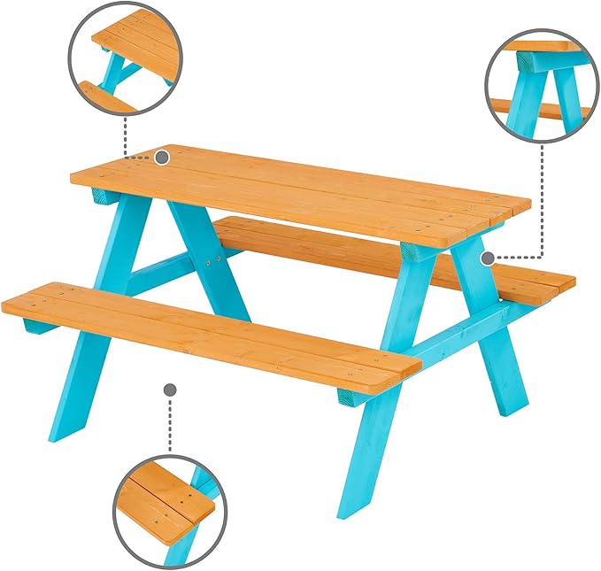 Teamson Kids - Wooden Outdoor Child Children Kids Picnic Table & Chair Bench Set - Brown/Aqua