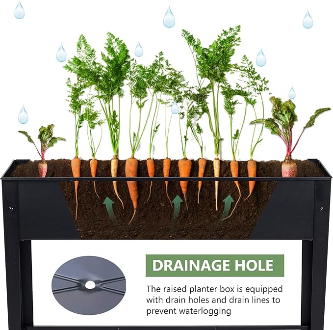 Raised Garden Bed, Elevated Planter Black Metal Plant Box with Legs Standing Garden Stand Drainage Holes Black