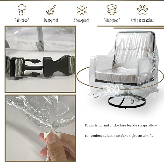 Outdoor Waterproof Swivel Lounge Chair Cover – Heavy-Duty Transparent PVC Protection (1-Pack, 30” W x 34” D x 38” H) for Pet Families Outdoor Furniture