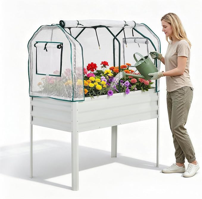 48×24×56in Galvanized Elevated Raised Garden Bed with Legs, Greenhouse Cover & Bird Net, Deep Metal Raised Planter Box for Backyard Patio Balcony Vegetables Herbs Flowers