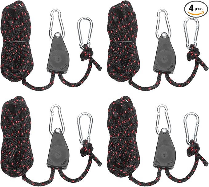 uxcell 4 Pairs 1/4" Adjustable Rope Hanger, 16.4ft(5 Meter) Heavy Duty Ratchet Tie Down Strap with Rope Clip Hanger for Hanging Plants, Grow Light and Various Tie-Down Uses, Black/Red