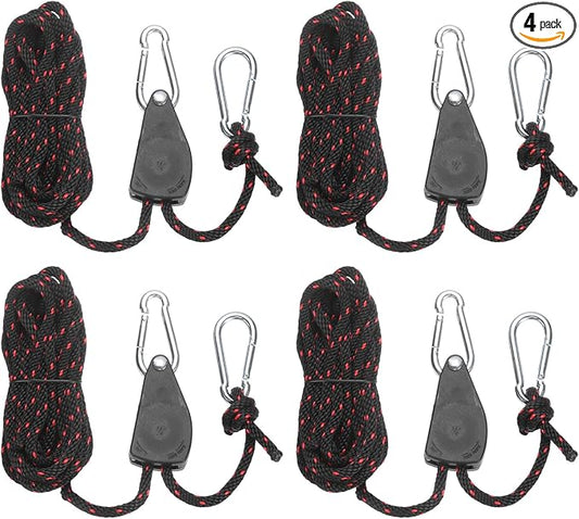 uxcell 4 Pairs 1/4" Adjustable Rope Hanger, 16.4ft(5 Meter) Heavy Duty Ratchet Tie Down Strap with Rope Clip Hanger for Hanging Plants, Grow Light and Various Tie-Down Uses, Black/Red