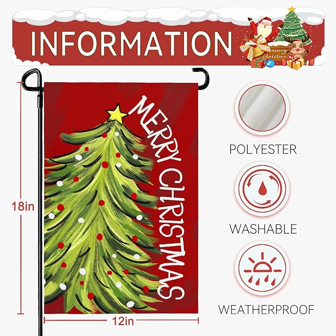 Merry Christma Garden Flag Xmas Tree Yard Flag Winter Red Green Trees Double Sided Vertical House Banner for Rustic Farmhouse Seasonal Outdoor Decoration 12x18 Inch