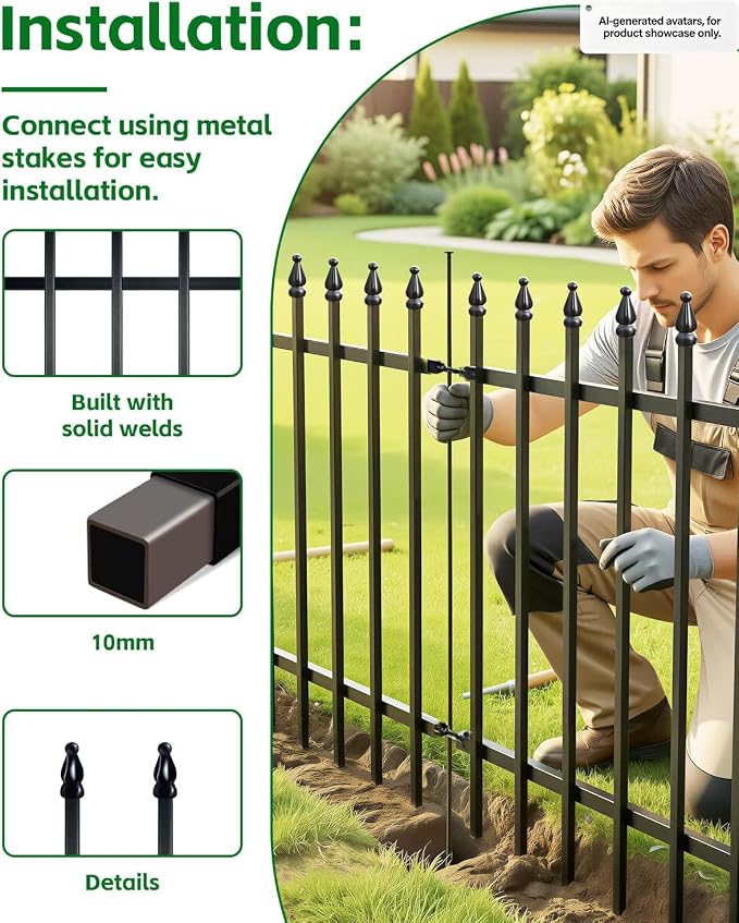 ARIFARO Metal Garden Fence 32" H x 24" W (5 Pack, Length 10 ft), No Digging Decorative Garden Border Fence, Rustproof Black Garden Fence Panels for Yard, Flower Bed, Patio, Dog Animal Barrier