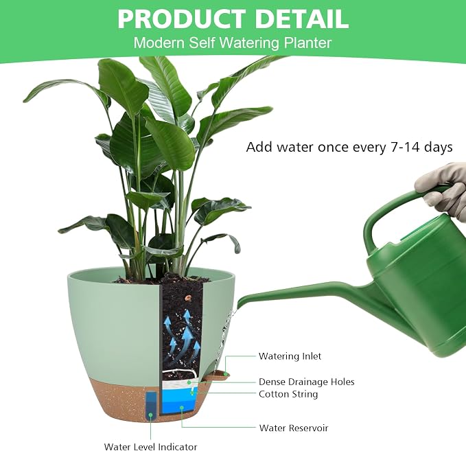 Self Watering Planter for Indoor Plants, 12" 10" 9" 8" Plastic Large Flower Pot Set with Water Level Indicator Deep Reservoir Saucer, Big House Bottom Watering Plant Pots with Drainage Hole - Green