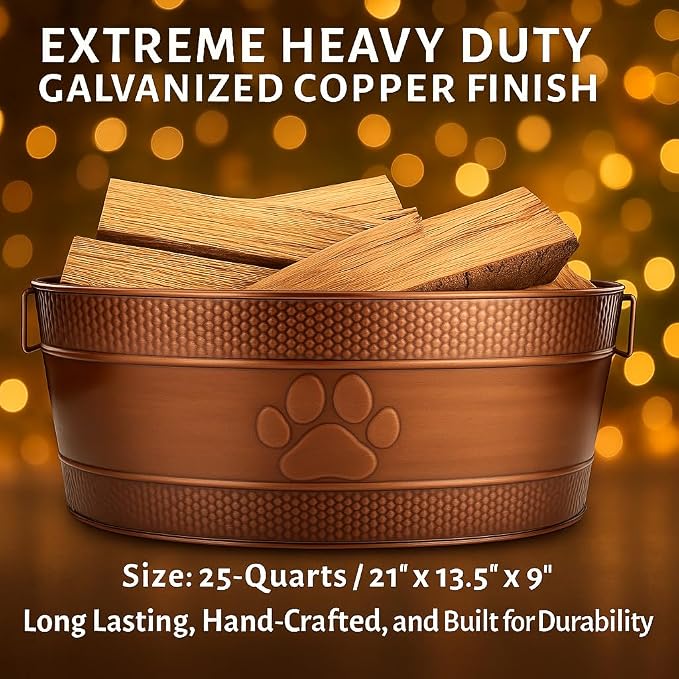BREKX 25-Quart Tub for Firewood Storage Rack Log Holder - Heavy-Duty Portable Galvanized Tub with Handles for Indoor/Outdoor (Bronze Paw)