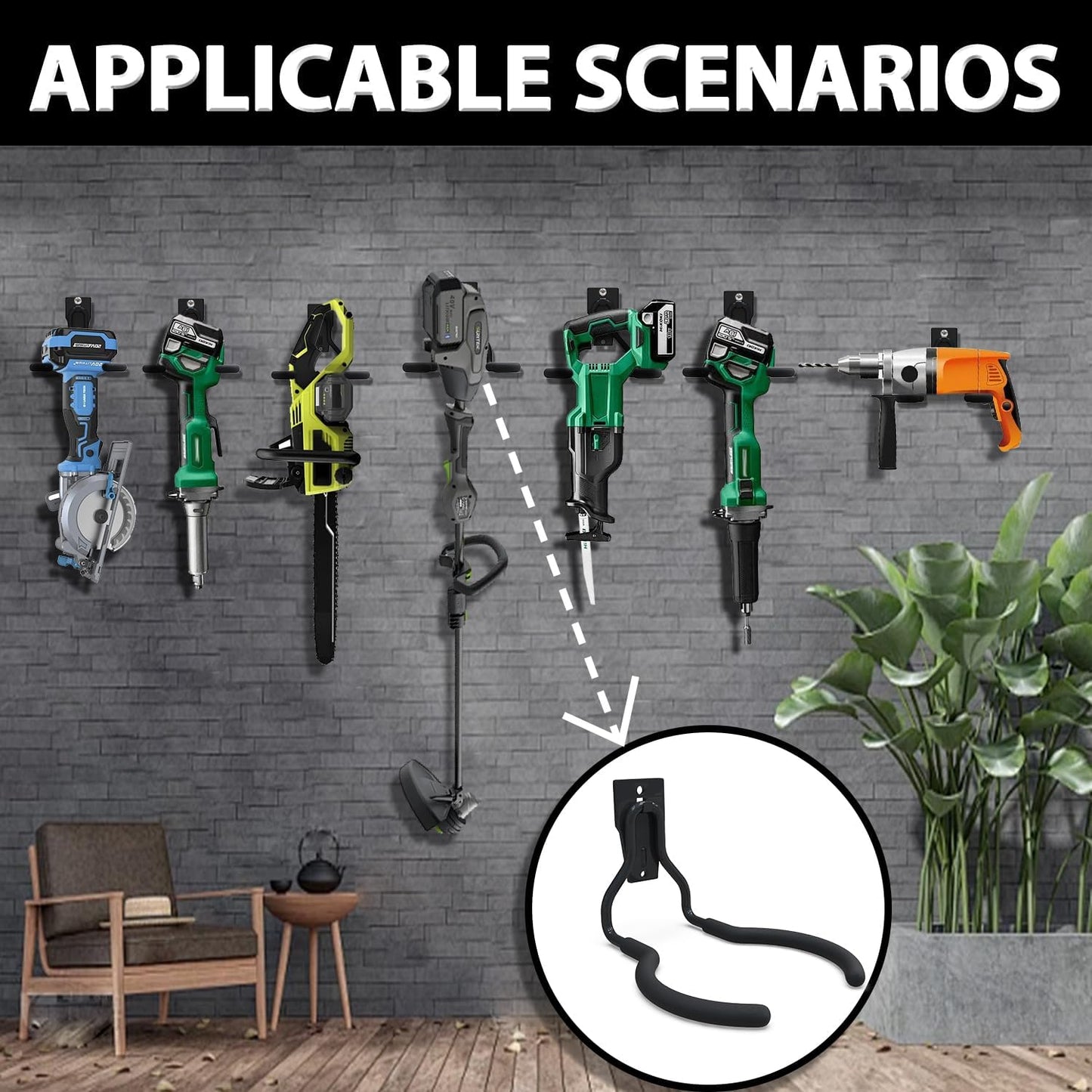 3-H Weed Eater Hanger 2 Pack,2 Large Garage Wall Hooks,1 Extension Strap,Utility Weedeater Rack,Tool Hangers for Organizing and Hanging Weed Wacker,Leaf Blower,String Trimmer,Power Tool in Garden