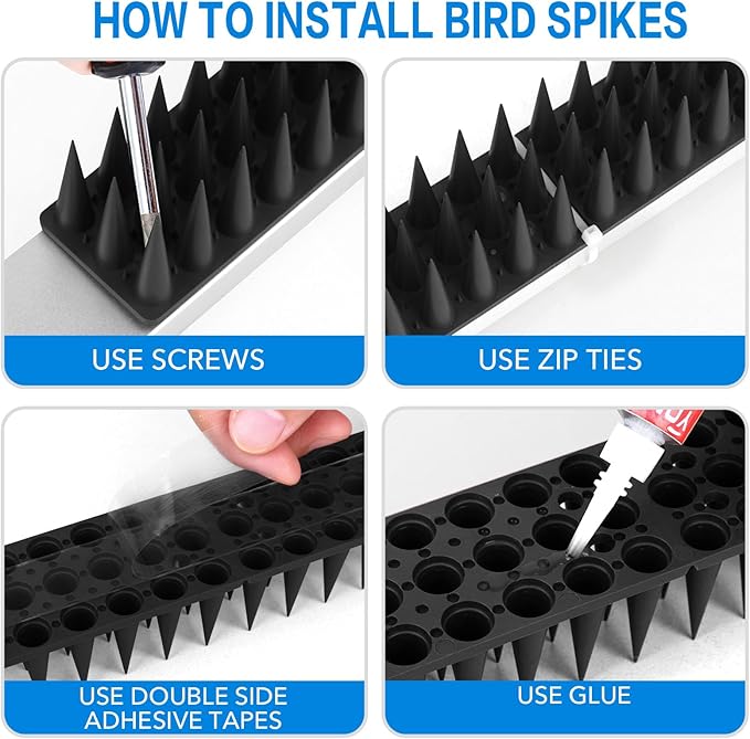BORHOOD Bird Spikes, 20 Pack Pigeon Deterrent for Small Birds Raccoon Cats Defender for Outside to Keep Squirrel Away, Plastic Fence Spike for Railing and Roof-Black